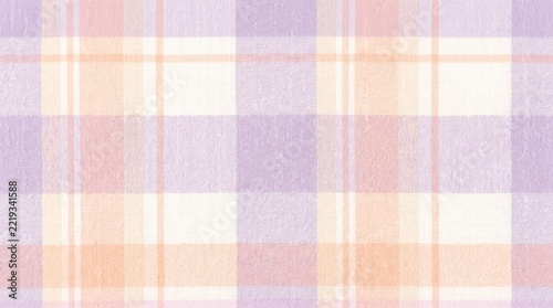 Pastel checkered fabric texture with soft purple and orange woven cotton threads