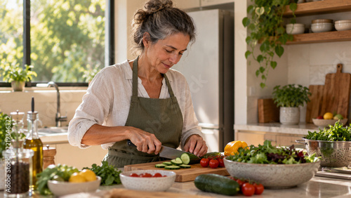 Mature Woman Preparing Fresh Healthy Salad in Bright Home Kitchen