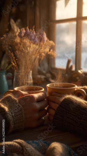 Close up of two pairs of hands holding warm mugs of tea, sitting by a fireplace in a rustic wooden cabin