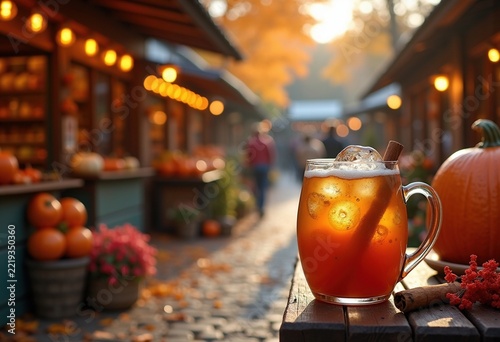 Cozy Rustic Market Scene with Aromatic Apple Cider and Cinnamon Spice Wrapped in Autumn Charm