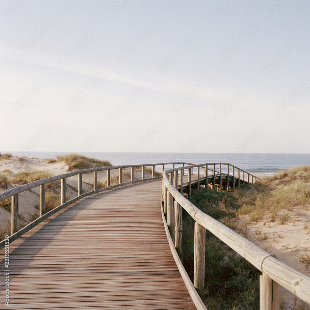 Fototapeta premium Wooden boardwalk through coastal dunes toward the sea