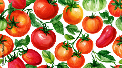Watercolor illustration of red, orange, and green tomatoes on leafy vines, creating a colorful botanical pattern on a white background.