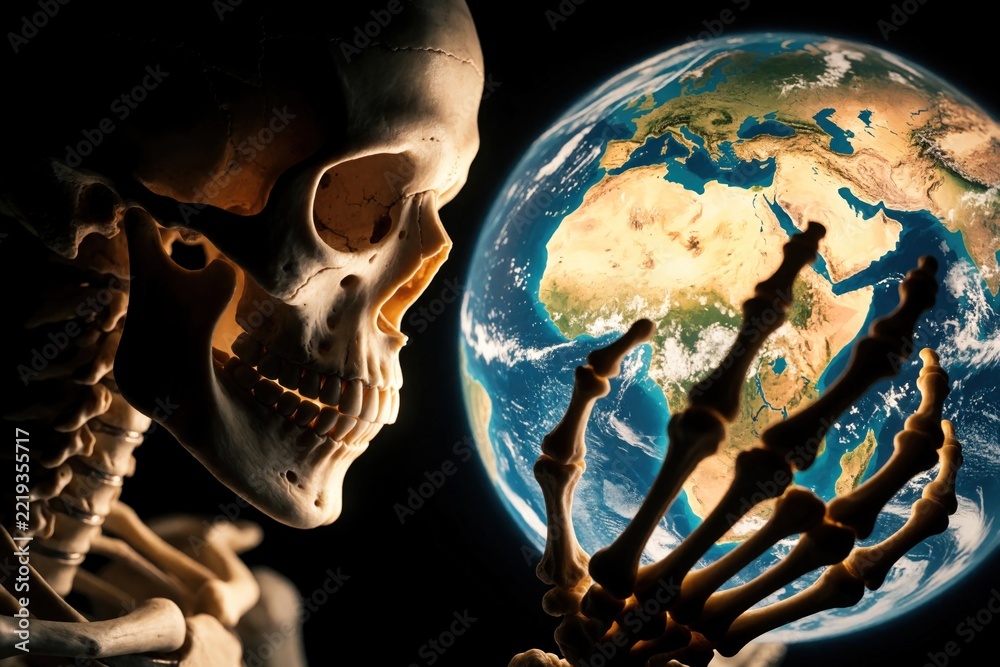 Fototapeta premium Human skeleton holds glowing earth globe in dark space. Death symbol represents climate change, environmental crisis. Dead bones reach toward planet to show global warming, extinction, end of world.