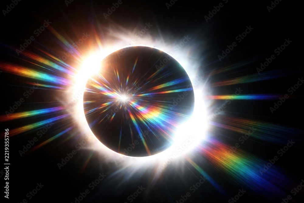 Fototapeta premium Solar eclipse with bright white corona, colorful light flares. Rainbow spectrum rays burst from dark moon during cosmic event. Chromatic aberration effect creates cinematic lens flare on black space