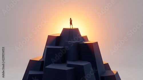 A silhouette of a person standing atop a geometric mountain peak, bathed in the warm glow of a setting sun. The scene evokes a sense of achievement and aspiration