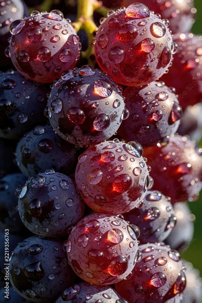 Fototapeta premium Macro view of fresh purple grapes covered in water drops. Juicy ripe fruit bunches hang on vine during autumn harvest season. Natural organic vineyard crops show dew, moisture for wine making process