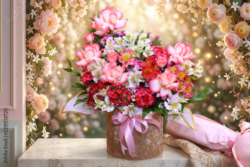A beautiful bouquet of vibrant pink and red flowers in a gift box tied with a satin ribbon on a marble surface. Soft bokeh lights and floral decorations create a romantic, celebratory background.