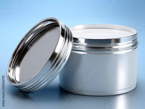 Metal cosmetic jar with open lid on a blue surface
