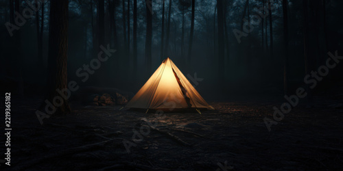 Tent in pure darkness in woodlands