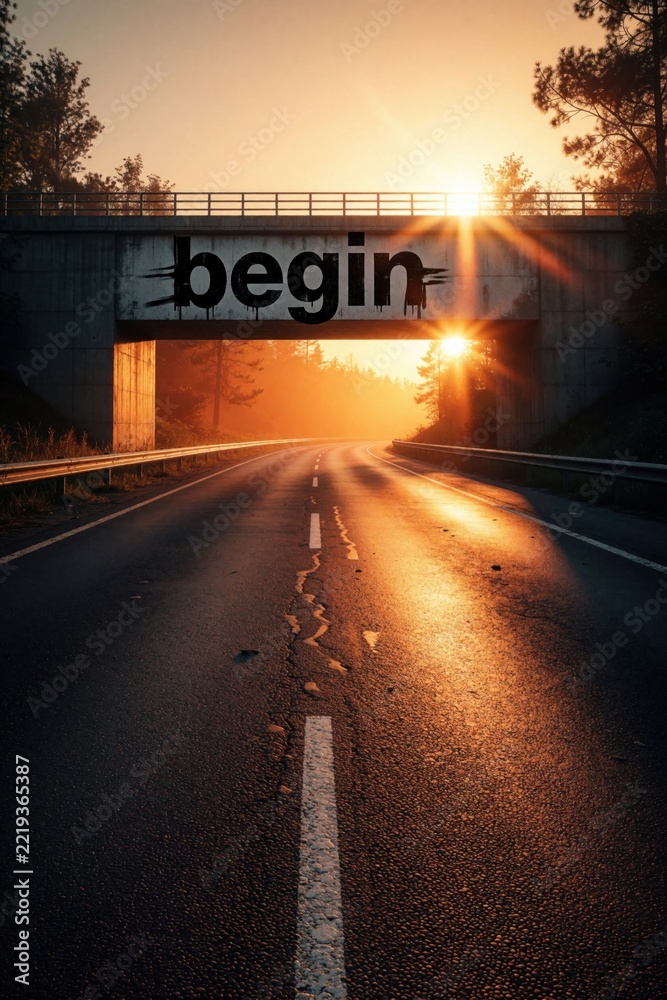 Fototapeta premium Empty asphalt road leads under concrete bridge at sunrise. Black word begin written on overpass wall. Golden sun light shines through tunnel onto highway. Concept of new start, career growth, life