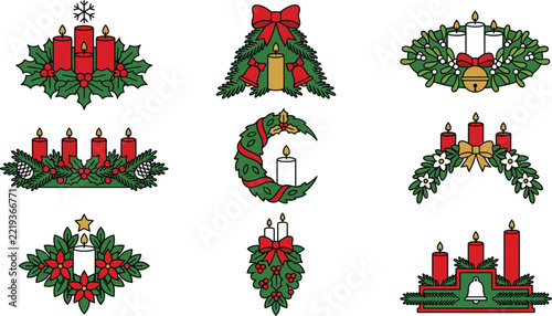 Collection of decorative christmas candle arrangements with pine branches and festive red ribbons isolated on a white background