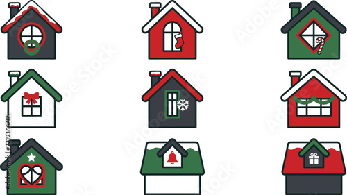 Set of various colorful small houses decorated for the christmas holidays isolated on a white background vector illustration