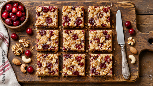 Fresh baked homemade cranberry walnut oat crumble bars on rustic wooden cutting board