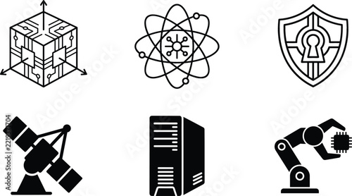 Advanced Technology and Future Science Icon Set Featuring Quantum Cube, Atom Orbit, Cybersecurity Shield, Satellite Dish, Server Tower, and Robotic Arm Vectors