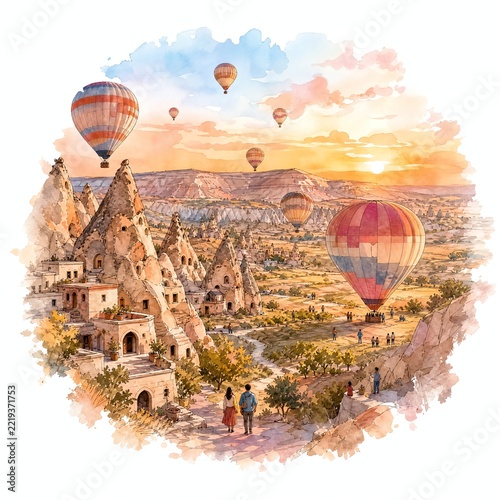 Cappadocia Valley Sunset With Hot Air Balloons Landing In Fields