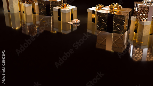 Elegant Gold Gift Boxes with Metallic Bows and Reflections 3d render.