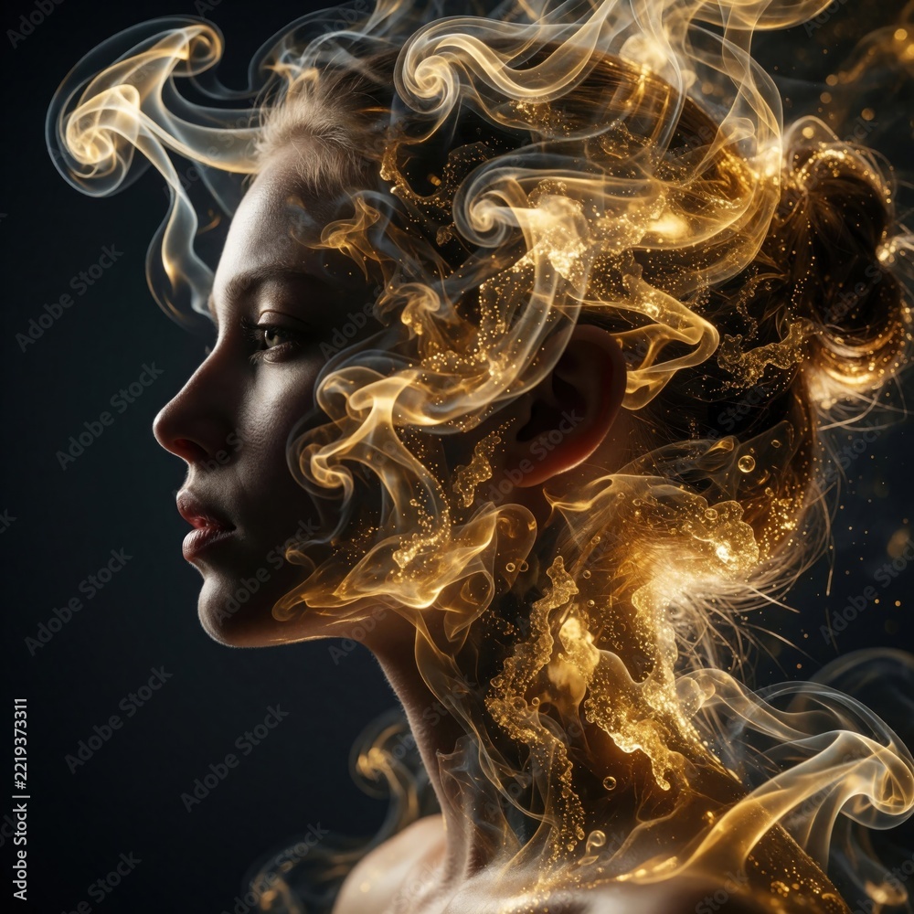 Fototapeta premium Side profile of young woman merging with golden smoke, glowing clouds. Abstract female face becomes celestial nebula with shimmering particles. Spiritual fantasy concept showing soul transformation