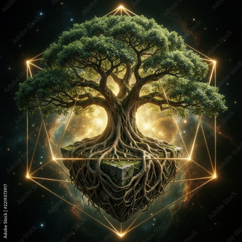 Fototapeta premium Ancient green tree grows inside glowing geometric cube in deep space. Surreal cosmic concept shows roots on floating rock island amidst bright nebula stars. Magical nature meets universe through