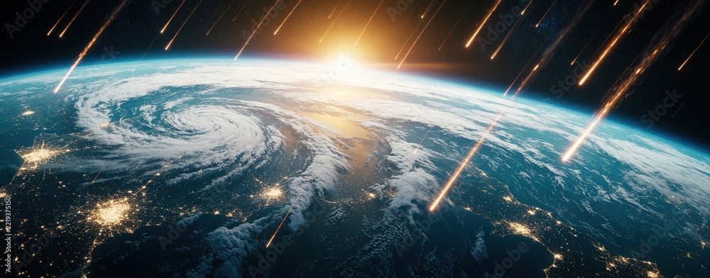 Fototapeta premium Dramatic view of Earth in space with bright meteor shower. Glowing sunrise over planet horizon shows clouds, city lights below. Burning meteors fall through atmosphere towards world during cosmic