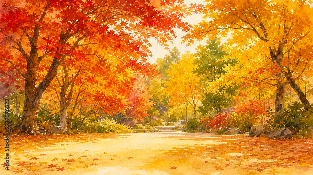 Fototapeta premium 鮮やかな紅葉が彩る秋の公園と散策路の水彩