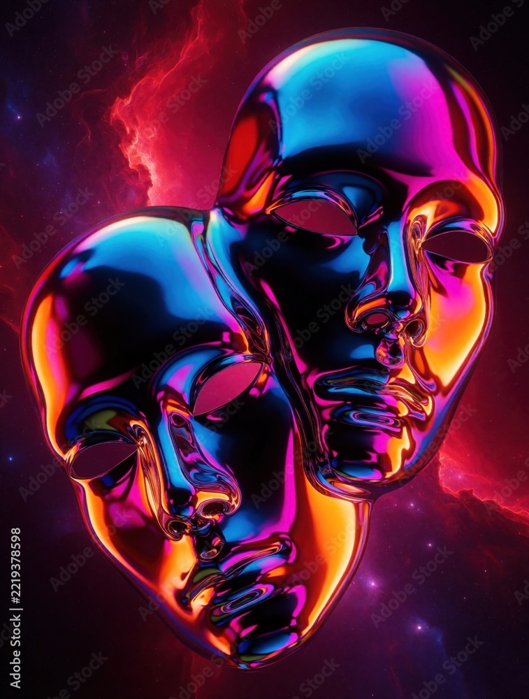 Fototapeta premium Two shiny metallic human masks float in colorful neon space. Glossy chrome faces glow with pink blue, orange light. Futuristic cyber art design features smooth liquid metal texture against cosmic