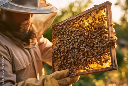 Beekeeper inspects beehive frame with buzzing bees at golden hour