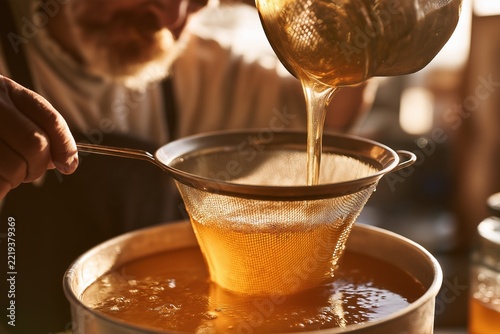 Filtering Raw Natural Honey Fresh From The Hive Production