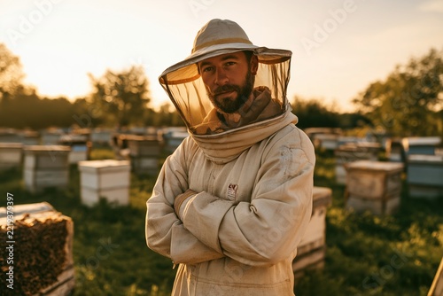 Confident Beekeeper in Protective Suit Among Beehives