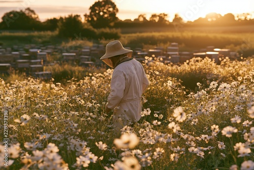 Beekeeper Tending Hives Amidst Golden Hour Flowers