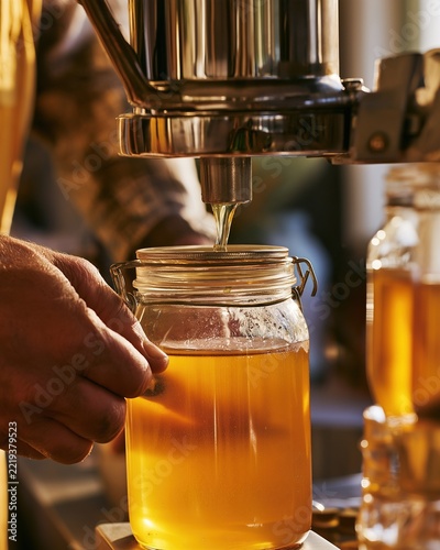 Golden Liquid Pouring into Glass Jar Fresh From Dispenser