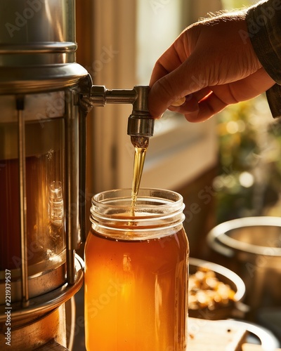 Hand Dispensing Golden Liquid from Dispenser into Jar