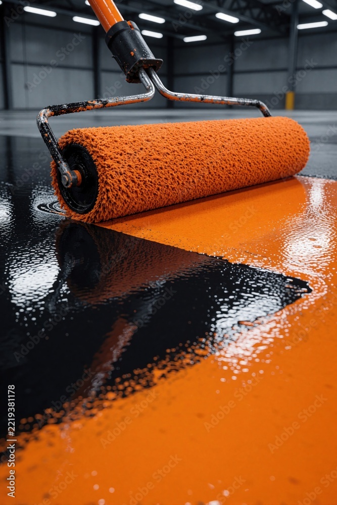 Obraz premium Worker applies bright orange epoxy resin coating on dark warehouse floor using paint roller. Professional industrial floor renovation process creates smooth shiny surface. Construction crew maintains