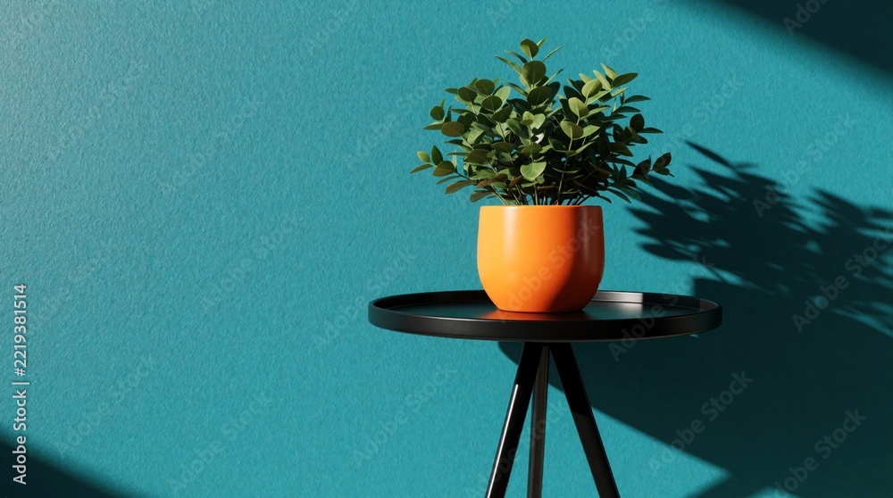 Fototapeta premium Minimalist interior design with green plant in orange pot on black side table. Modern houseplant sits against teal wall in bright sunlight. Simple home decor setup creates calm atmosphere in living