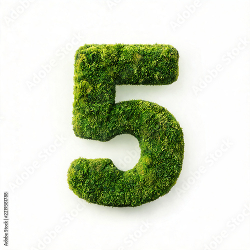 Creative alphabet letters and numbers made entirely of lush green moss, isolated on a clean white background, combining natural organic textures with decorative typography and design
