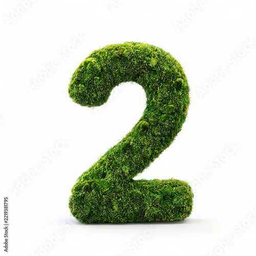 Creative alphabet letters and numbers made entirely of lush green moss, isolated on a clean white background, combining natural organic textures with decorative typography and design
