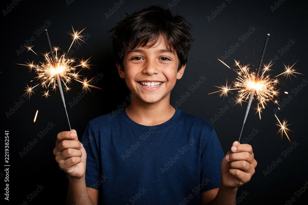 Fototapeta premium Happy Brazilian boy holds lit sparklers in both hands. Young kid smiles brightly against dark background. Child celebrates festive occasion with glowing fireworks. Joyful kid enjoys magic light,