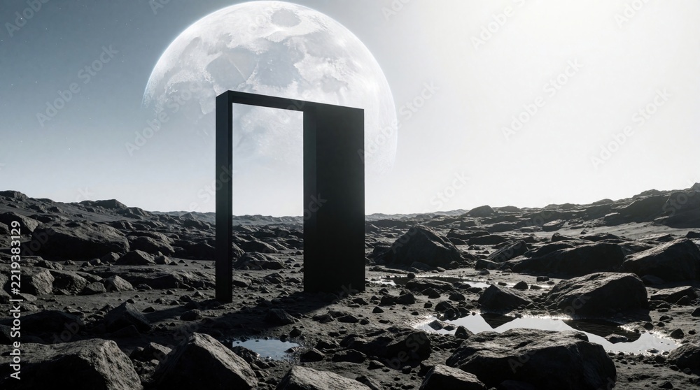 Fototapeta premium Minimalist black rectangular portal stands on rocky alien planet surface. Surreal gateway opens to another dimension under giant moon in deep space. Futuristic sci-fi landscape with cosmic moon, dark