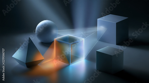 Abstract composition of geometric shapes with dramatic lighting and reflections, creating a captivating visual effect.