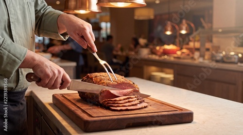 Carving a Feast: A chef expertly carves a succulent roast on a wooden cutting board in a warmly lit restaurant setting, ready to serve.
