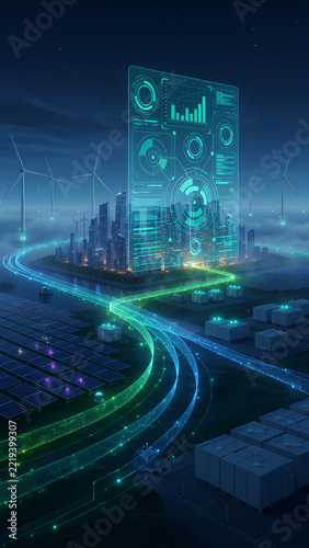 Futuristic cyber city highway network at night with glowing data light trails