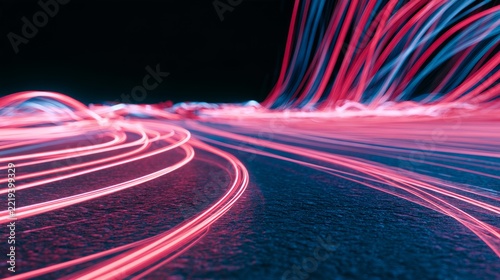 Abstract long exposure photograph of vibrant blue light trails curving sharpl...
