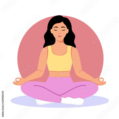 Woman Meditating in Lotus Pose, Yoga and Mindfulness Illustration