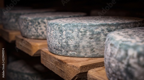 roquefort. Roquefort cheese wheels with blue mold in a cellar. menu design, packaging mockups, designed for culinary blogs and recipe cards for restaurants, used by researchers.