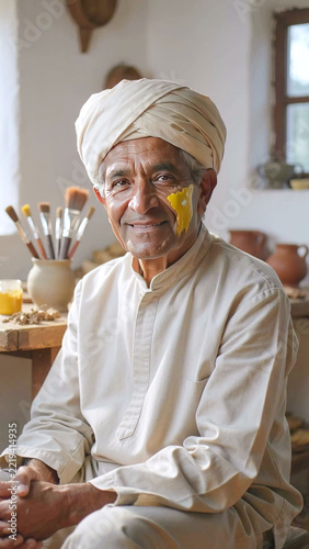 Elderly Indian man with a turban smiles while sitting in a rustic workshop, surrounded by pottery, brushes, and natural materials, showcasing traditional craftsmanship