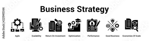 Business Strategy web banner icon vector illustration concept for business with icon of Agile, Scalability, Return On Investment, Optimization, Performance, Good Business, Economies.
