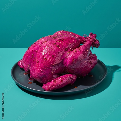 Whole Roasted Pink Chicken with Golden Spices on Dark Plate