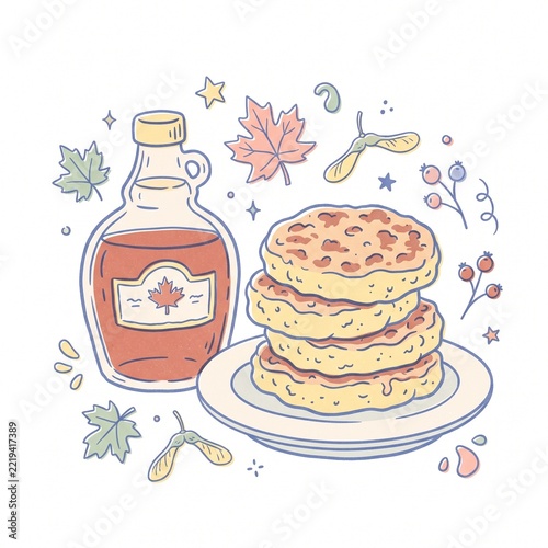 Maple Syrup Pancakes with Bottle Illustration