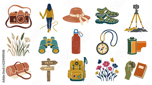 Flat Style Icons of Hiking and Camping Gear for Outdoor Adventures