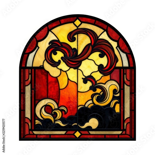 Abstract stained glass window with red and yellow swirls
