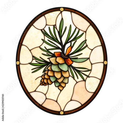 Stained glass oval window with pinecone and needles